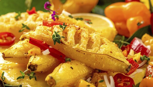 A close-up view of a traditional Jamaican ackee and saltfish preparation, garnished with fresh herbs and colorful chili peppers, AI generated