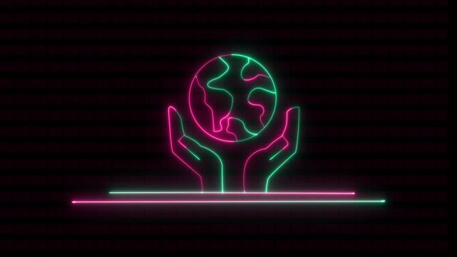 Glowing neon line Human hands holding Earth globe icon isolated animation .World humanitarian day. Animated vector illustration of hand and moving globe 4K video animation.
