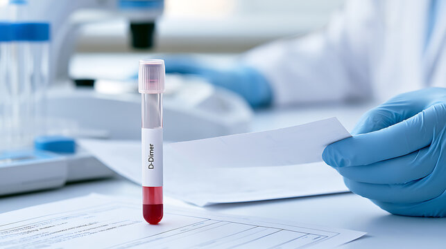 Medical Test Tube with Blood Sample and Scientist Hand in Blue Glove Analyze Documents in a Professional Laboratory Setting