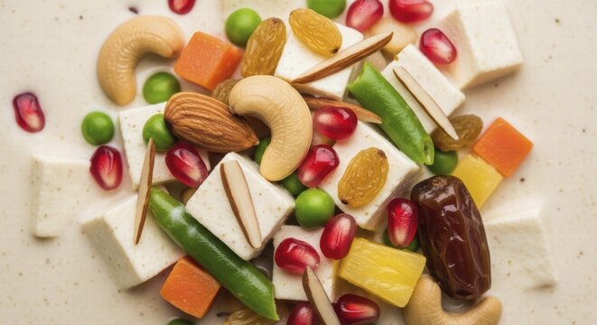 A close-up view of Navratan Korma, showcasing its diverse ingredients like paneer, cashews, almonds, raisins, and pomegranate seeds, AI generated