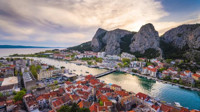 Omis, Croatia at Golden HourOmis, Croatia at golden hour against a backdrop of karst mountains.