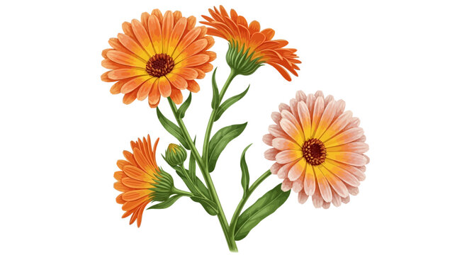 Botanical Illustration of Calendula Officinalis Marigold Flowers