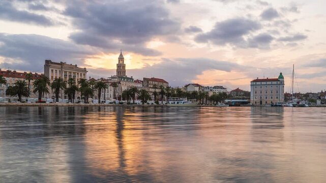 Split, Croatia city skyline with the Riva on the Adriatic Sea