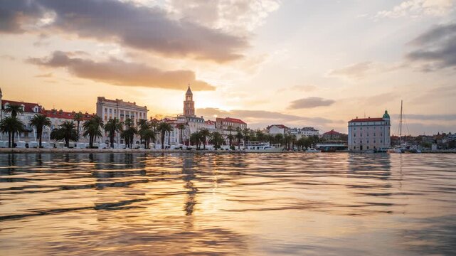 Split, Croatia city skyline with the Riva on the Adriatic Sea