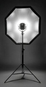Octagonal softbox lighting setup on a tripod against a dark background, designed for photography and studio use, showcasing light diffusion and equipment stability