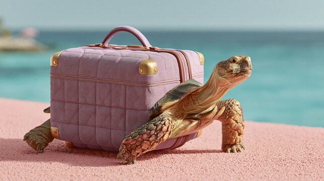 3D render of sea turtle carrying pink suitcase on beach