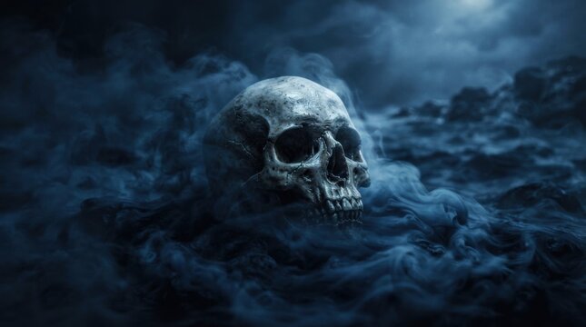 Side View Human Skull Wrapped in Dense Blue Smoke on Dark Background