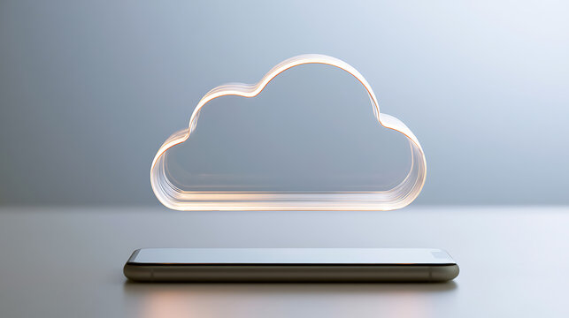 Modern smartphone under a glowing cloud symbol, illustrating wireless data transfer, digital storage, and connection to internet services or remote access