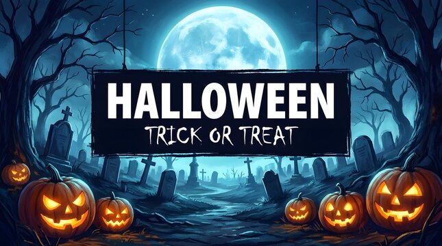 Spooky halloween trick or treat sign featuring glowing jack o lanterns in a dark eerie cemetery background