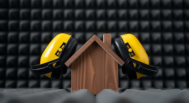 Wooden House Model with Industrial Ear Defenders for Soundproofing
