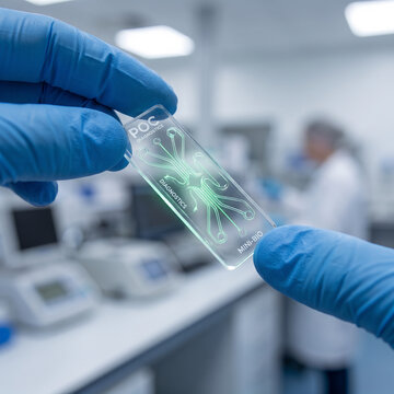 Microfluidic biomarker biosensor chip held in gloved hands