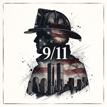 Artistic illustration of a firefighter silhouette honoring the september 11 memorial and tribute