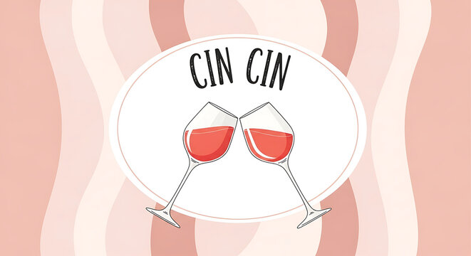 Minimalist illustration of cin cin greeting with two wine glasses filled with red wine for a toast and celebration on a pink background