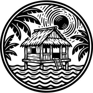 Vintage tropical beach hut emblem, black and white island bungalow vector, retro palm tree ocean shack circle logo