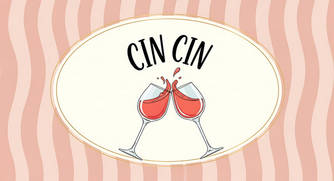 A festive cin cin illustration featuring two wine glasses toasting during a celebration with splashing wine against a pink wavy background