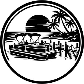 Vintage pontoon boat vector emblem, tropical sunset beach scene with palm trees, nautical circular badge for summer vacation apparel