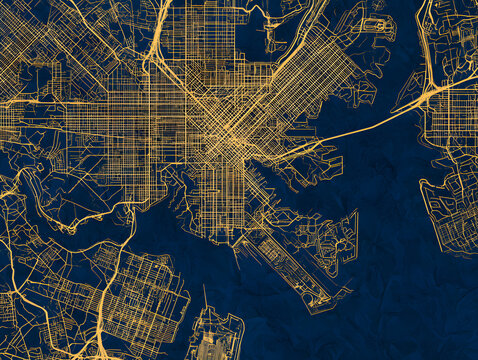 A map poster of Baltimore, Maryland &ndash; featuring golden border lines and blue rivers