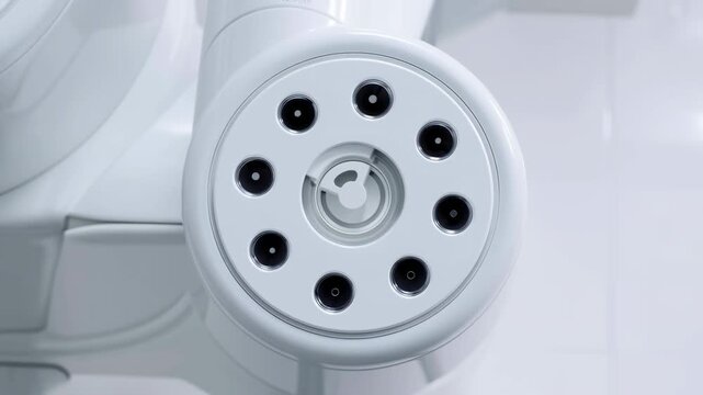a white object with black dots in an indoor setting, possibly a laboratory or workshop, close-up, static shot, neutral mood, industrial equipment, scientific research.