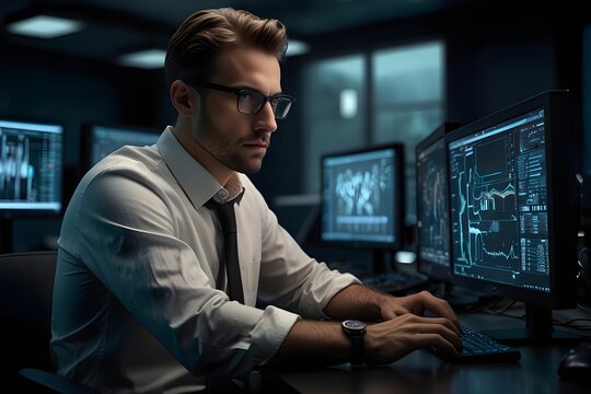 A professionally dressed man wearing glasses and a tie is working at a computer in a dark technology-focused office. Several monitors behind him display technical graphics and digital information, sug