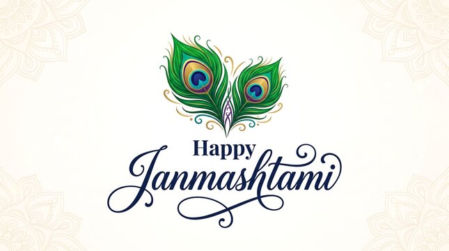 Happy janmashtami greeting card design with beautiful peacock feathers and elegant calligraphy text
