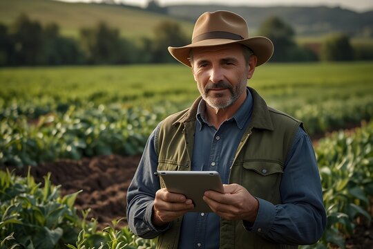 A middle-aged farmer wearing a wide-brimmed hat and green vest is holding a tablet in a cultivated field. He is looking toward the camera while rows of healthy crops and a rolling countryside landscap
