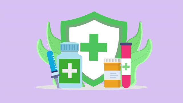 Healthcare and Medical Protection Illustration with Shield, Medicine Bottle, Syringe, Capsules and Laboratory Tube