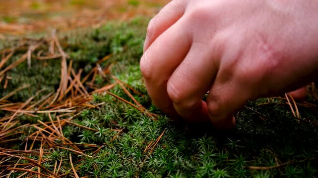 Mushroom picking in the forest. Selective focus.