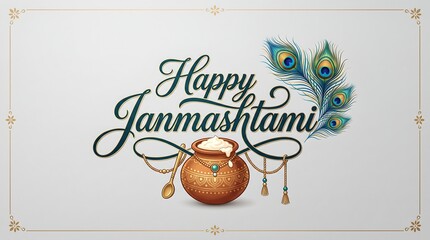 Fototapeta premium Elegant happy janmashtami greeting card design with peacock feather and traditional butter pot illustration