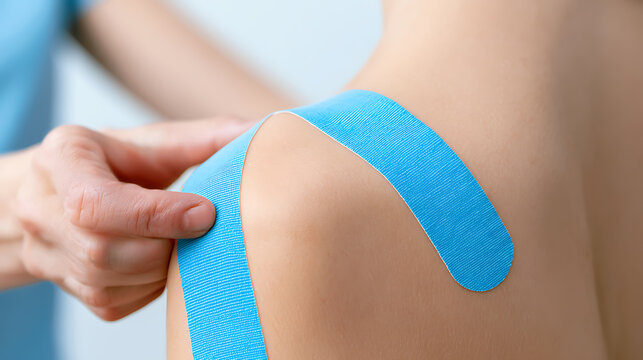 A close-up view of a person receiving physical therapy with blue therapeutic tape applied to their shoulder for support and pain relief