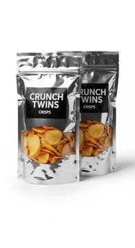 Crispy potato chips in foil pouches isolated on white background