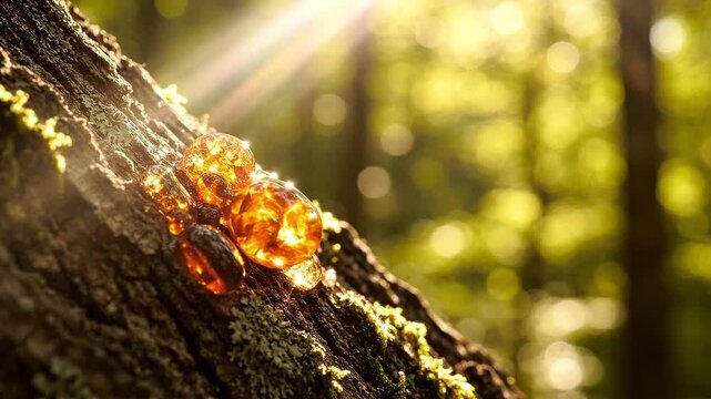Resin drops glowing on tree bark in golden sunlight. Natural sap flowing on wooden trunk in forest. Environmental macro scene of organic tree secretion texture.