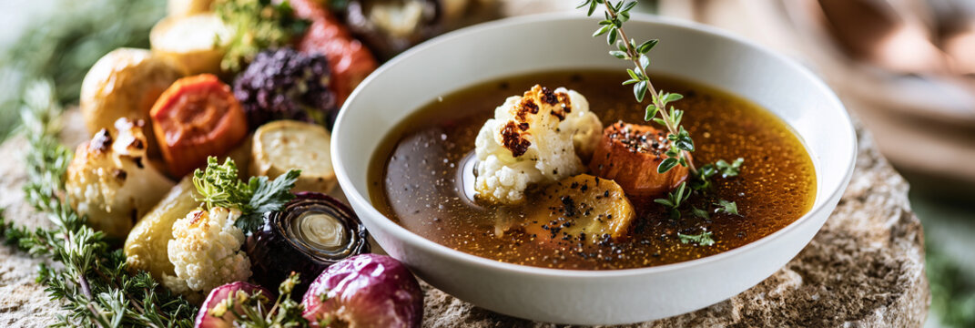 Delicious roasted vegetable soup with grilled halloumi in rustic bowl surrounded by fresh herbs