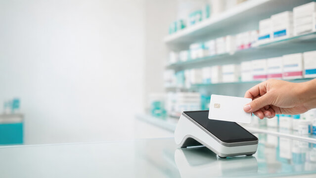 Pharmacy Card Payment at Contactless Terminal with Blurred Medicine Shelves