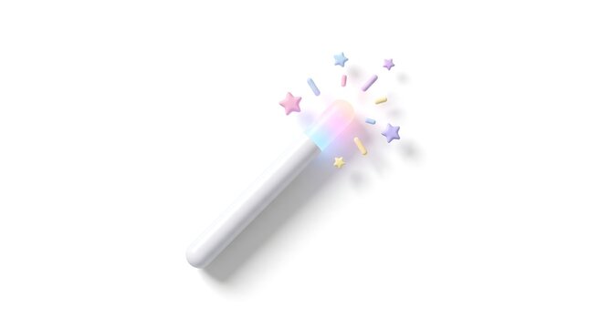 3D white magic wand with glowing pastel sparks and stars isolated on a white background for creative design projects