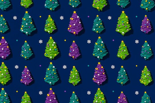Christmas tree pattern with colorful firs and snowflakes on a dark blue background