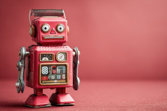 Vintage red tin robot toy with mechanical arms and clock face, standing against a solid pink background, showcasing retro design and nostalgic appeal