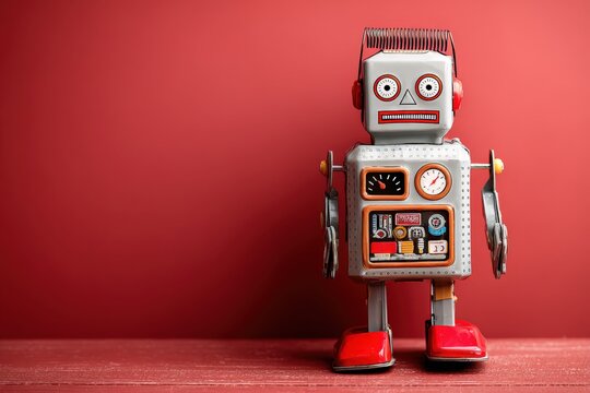 Vintage tin toy robot with red feet and hands, featuring a clock and dials on its chest, standing on a wooden surface against a solid red background