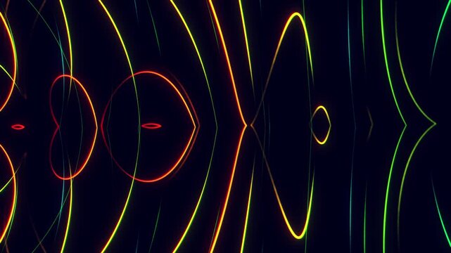 An abstraction of glowing neon curves creates the effect of wave oscillations, symmetry, and the interaction of energy fields. Multicolored lines against a dark background create a dynamic visual imag