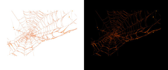 Naklejka premium Spooky orange spiderweb on white and black background, creepy Halloween spider web design elements, glowing cobweb texture