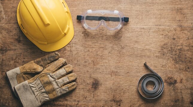 Industrial safety equipment and construction tools for Labor Day 2026 including a yellow hard hat and work gloves on a wooden memorial day background