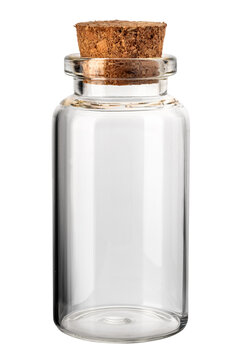 Clear glass vial jar with natural cork cap isolated on white with clippimg path. Perfect container for spices, cosmetics, crafts, or medical samples.