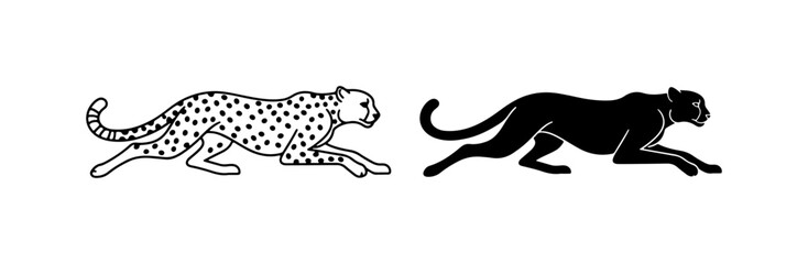 Fototapeta premium Running Cheetah and Black Panther Vector Icons, Wild Cat Silhouette Graphics
