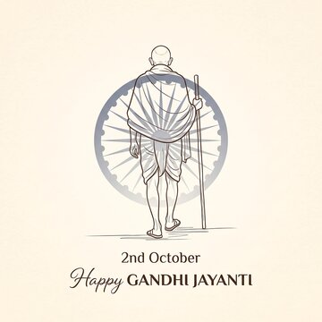 Mahatma gandhi walking with a staff in front of the indian spinning wheel symbol