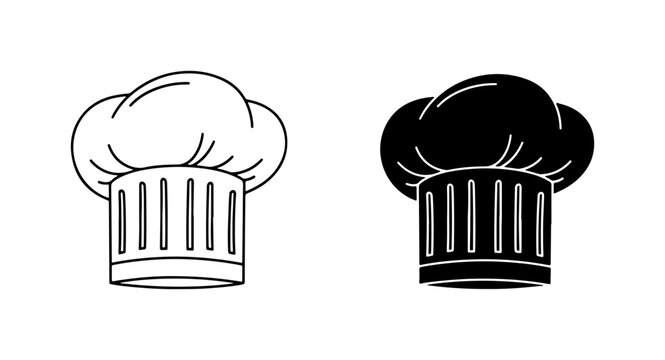 Chef Hat Icons, Professional Culinary Headwear, Kitchen Uniform Accessories, Black and White Vector Graphics