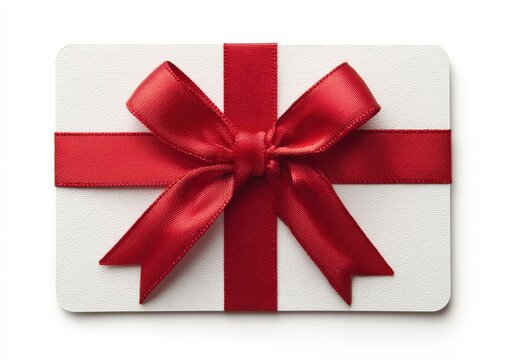 Gift card with a red satin ribbon and bow on a white background, ideal for special occasions like birthdays, holidays, or celebrations