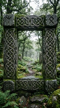 Ancient Celtic stone arch in misty green forest.