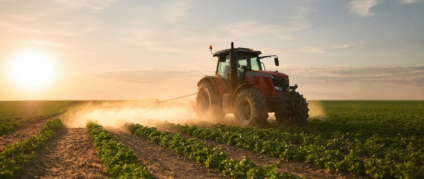 Agriculture tractor working in a rural field at sunset with dust during farming