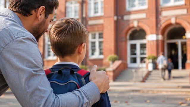 Caring Father Encouraging Young Son with Backpack on First Day of School