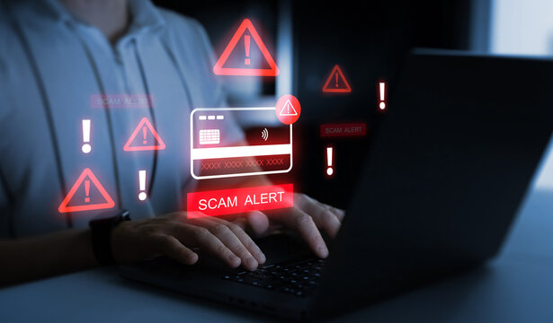 Financial scam concept showing bank card fraud,mobile phone phishing and online payment risk. Security alert, data protection and identity theft warning in digital banking.	
