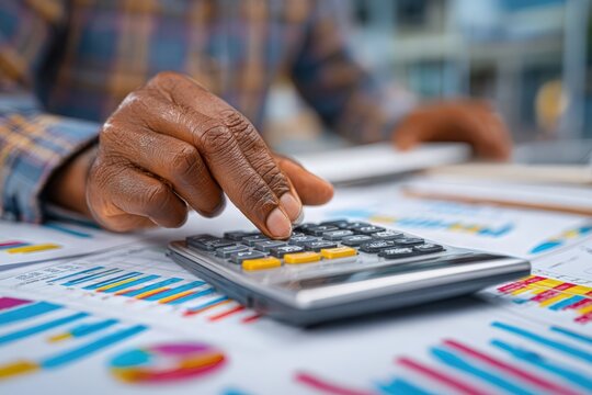 Close-up of a male hand pressing buttons on a calculator while analyzing financial charts and graphs on a desk in a modern office environment